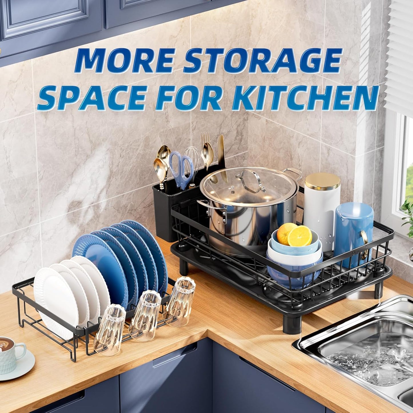 2 Tiers Dish Drying Rack, Space-Saving Dish Racks for Kitchen Counter, Dish Drainer Drying Rack with Drainboard, Utensil Holder Cups Holder Plate Rack and Automatic Drainage Drainboard, Black