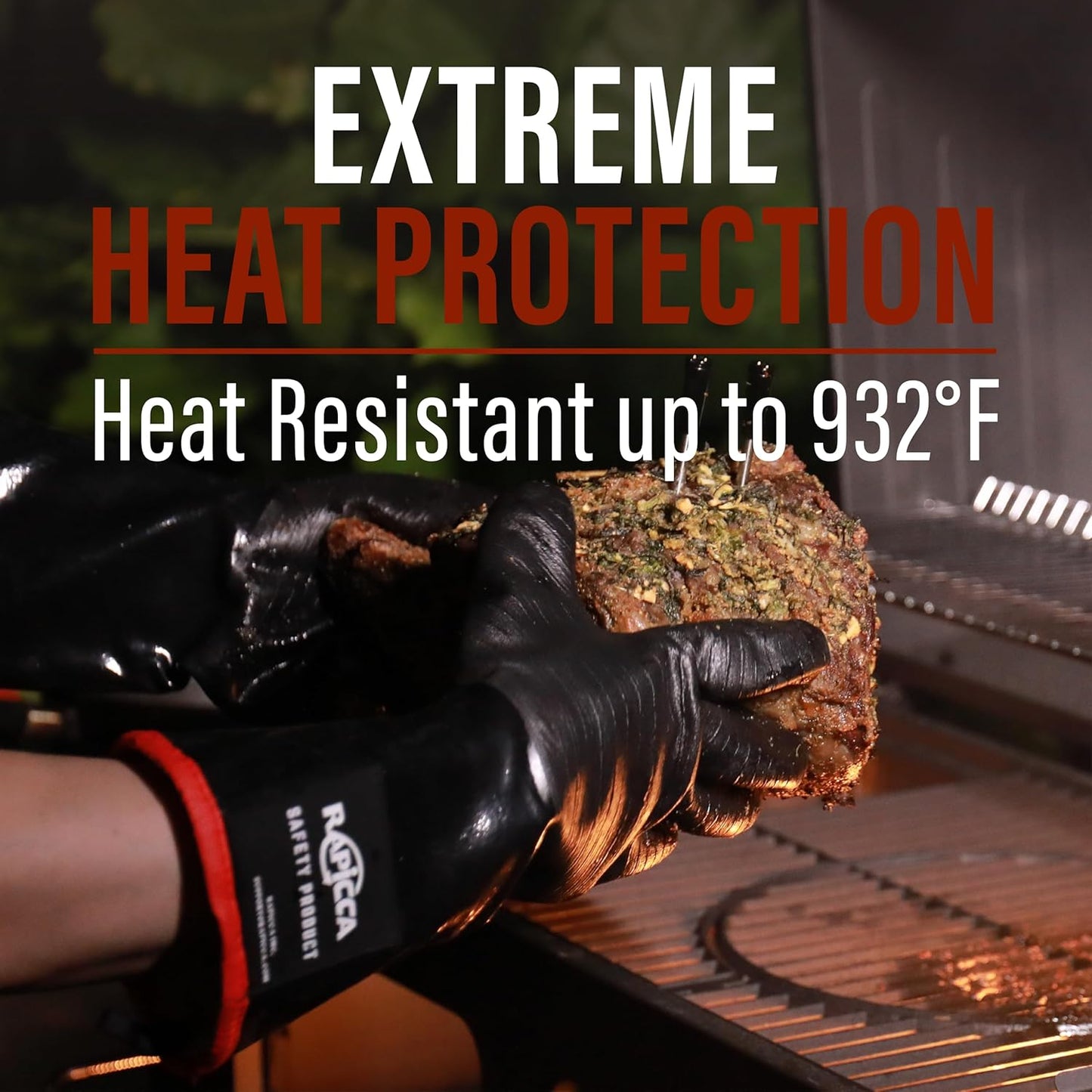 RAPICCA Heat Resistant BBQ Grill Gloves: Oil Resistant Waterproof for Smoking Grilling Cooking Barbecue Deep Frying Turkey Rotisserie Handling Hot Greacy Meat - Long Sleeve 932°F