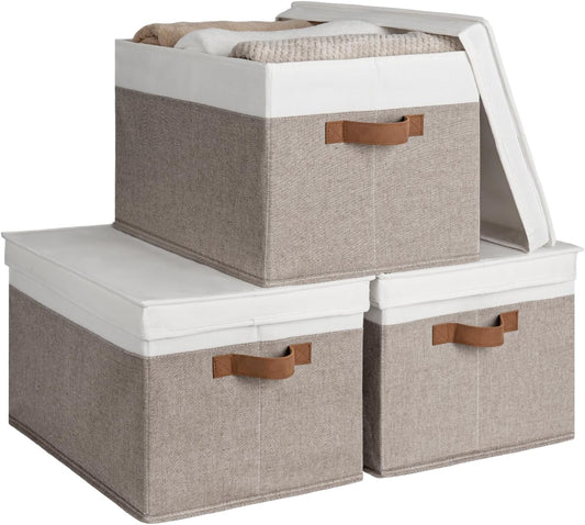 StorageWorks Storage Bins with Lids, Decorative Storage Boxes with Lid and PU Handles, Foldable Storage Baskets for Closet, Shelves, Stackable, Brown and White, Jumbo, 3-Pack