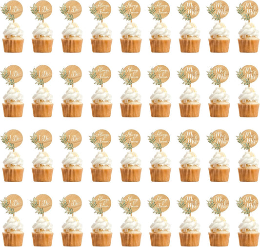 36 PCS Greeny Wedding Cupcake Toppers in Wood Mr & Mrs Engagement Cupcake Decorations