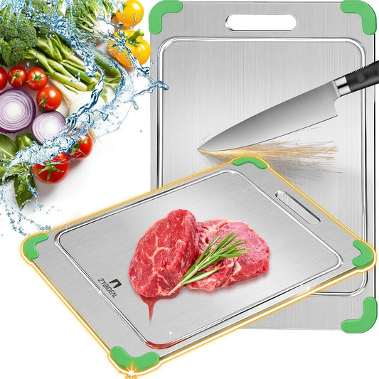 100% Pure Titanium Cutting Board with Grooves, Update Double Side Titanium Chopping Board, Silicone Anti-slip Stainless Cutting Boards for Kitchen 9 * 13 IN, Green