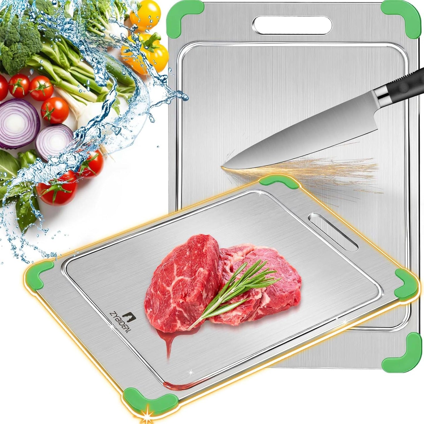 100% Pure Titanium Cutting Board with Grooves, Update Double Side Titanium Chopping Board, Silicone Anti-slip Stainless Cutting Boards for Kitchen 8 * 12 IN, Green
