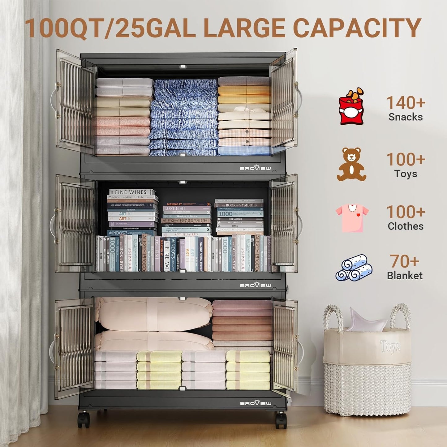 400Qt Stackable Storage Bins with Lid, Extra Large Closet Organizer Collapsible Drawer Boxes with Wheels, Folding Plastic Cabinet Containers for Home Kitchen Room Organization, 4Pack Black