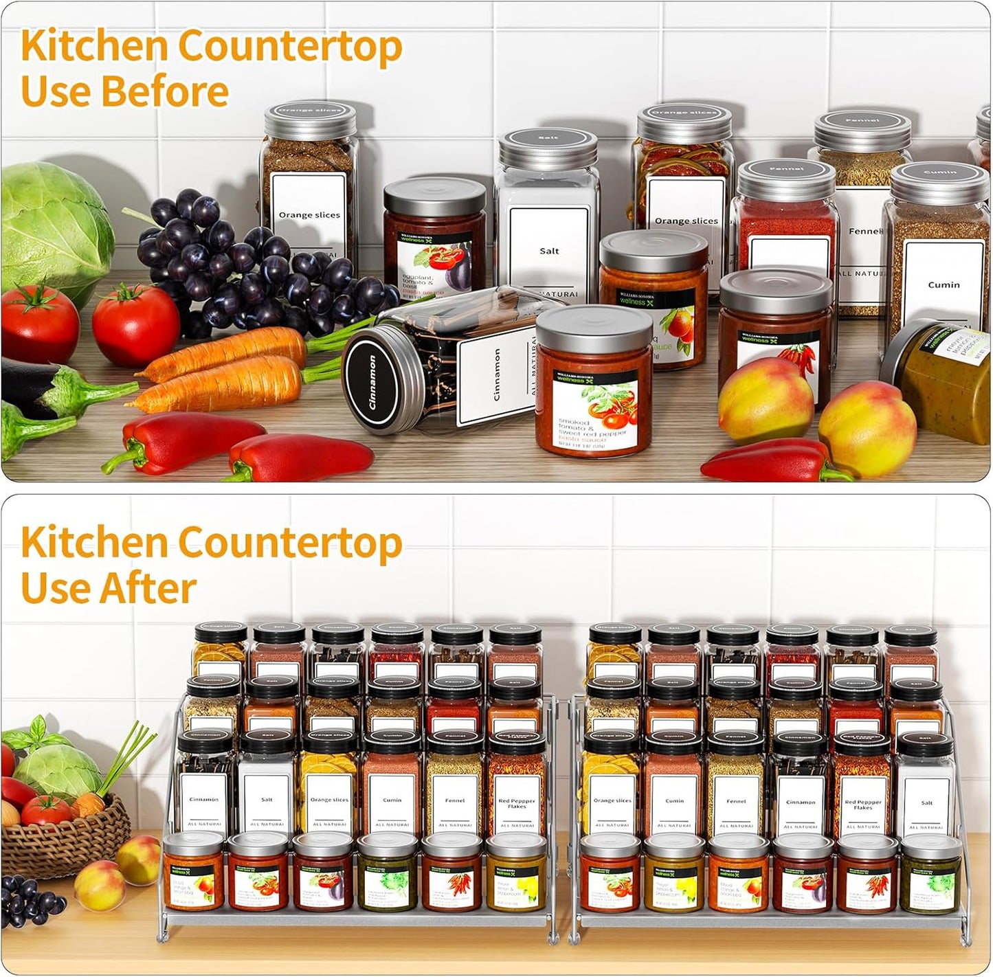 4 Tier Spice Rack Organizer for Cabinet, Spice Rack Organizer, Depth Adjustable Spice Organizer for Cabinet, Countertop, Cupboard, Pantry, Seasoning Shelf, Metal, Gray (2 Pack)