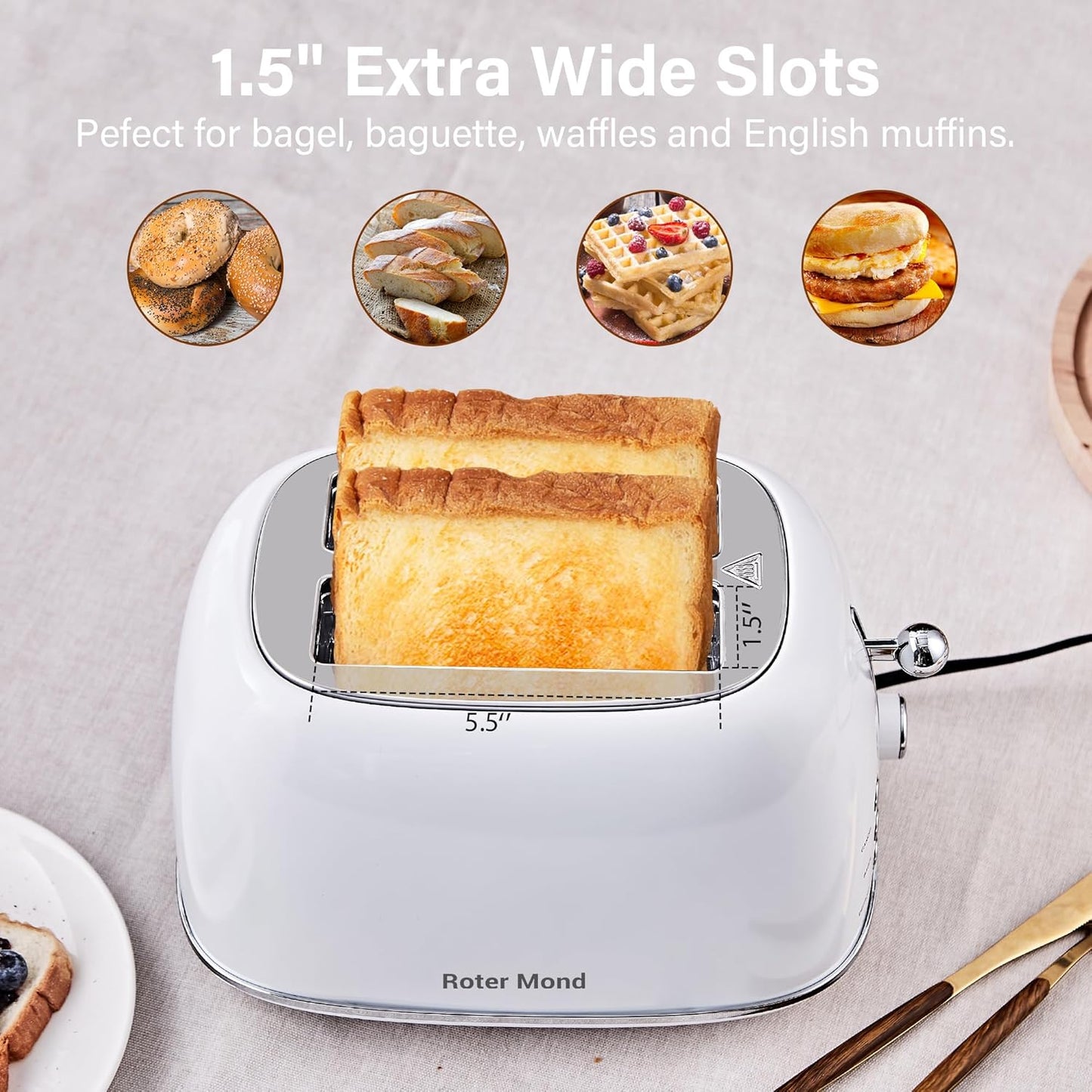 2 Slice Toaster Retro Stainless Steel with Bagel, Cancel, and Defrost Functions, 6 Bread Shade Settings, Extra Wide Slots and Removable Crumb Tray, White