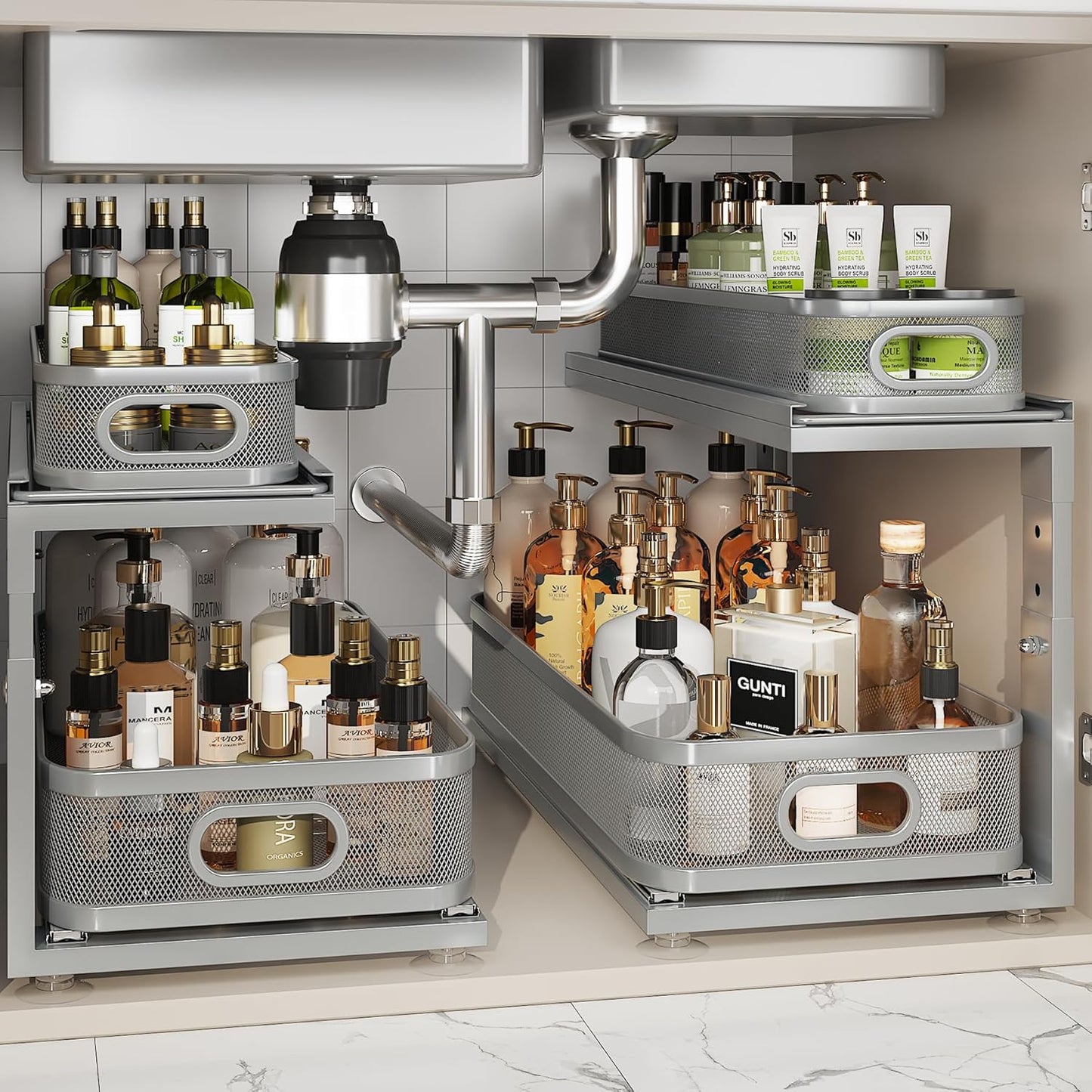 2 Pack 21IN-Depth Under Sink Organizer With Next-Gen Ball-Bearing Slides,2-Tier Precision Mesh Pull Out Cabinet Storage for Bathroom&Kitchen,Height Adjustable Drawers Shelf,Anti-rust-Grey