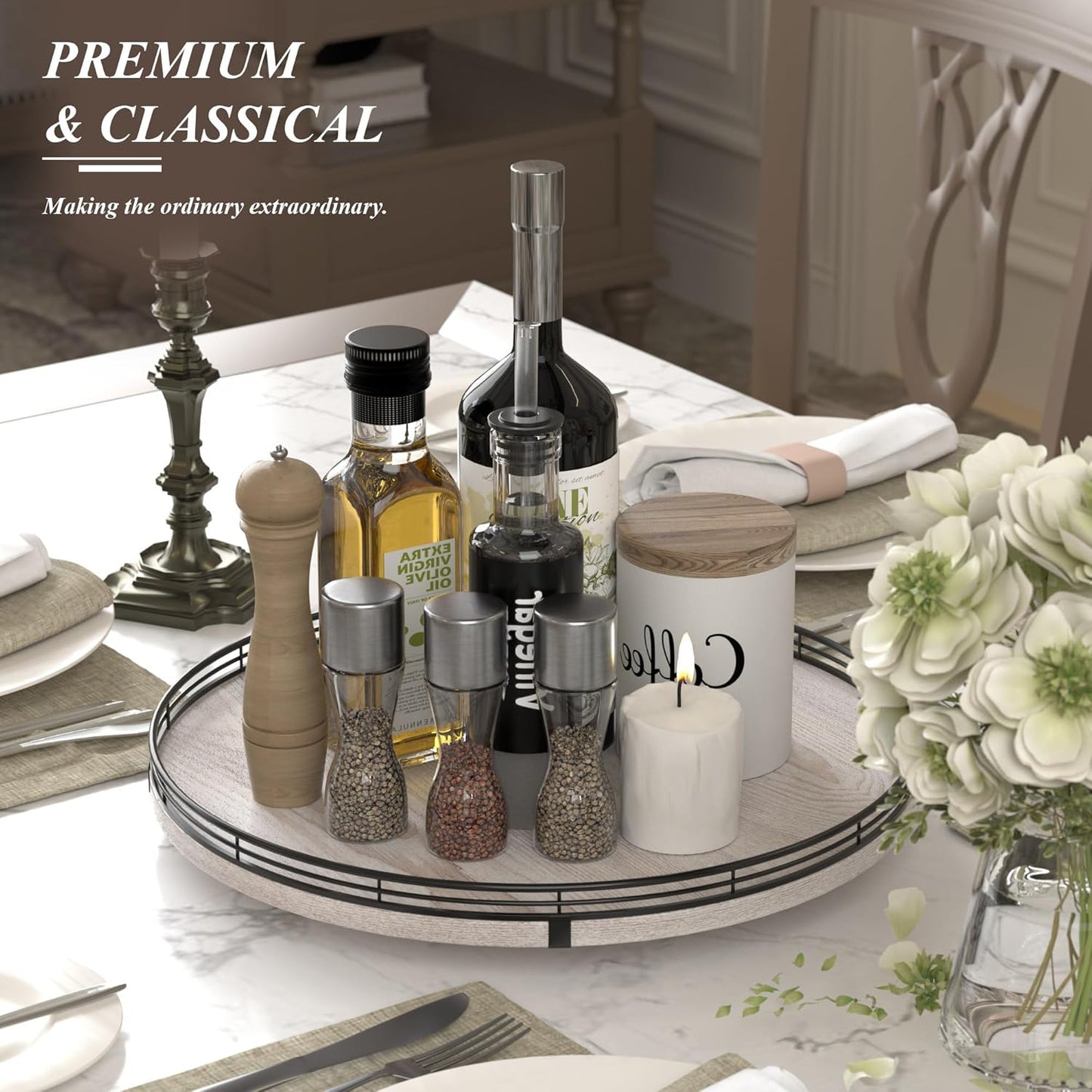 16" Lazy Susan Oak Wood Turntable Organizer for Cabinet, Farmhouse Round Wooden Lazy Susan Organization and Storage for Dining Table, Pantry, Kitchen, Bathroom, Countertop, Cupboard, Kitchen Decor