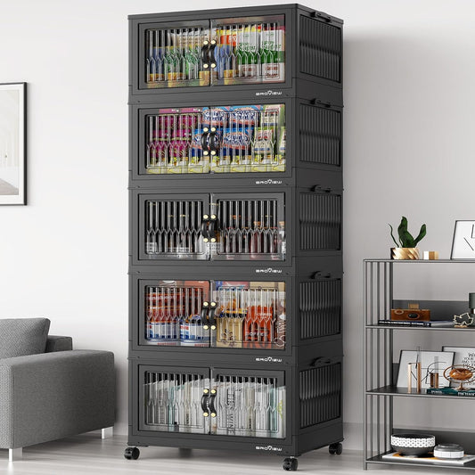 400Qt Stackable Storage Bins with Lid, Extra Large Closet Organizer Collapsible Drawer Boxes with Wheels, Folding Plastic Cabinet Containers for Home Kitchen Room Organization, 5Pack Black