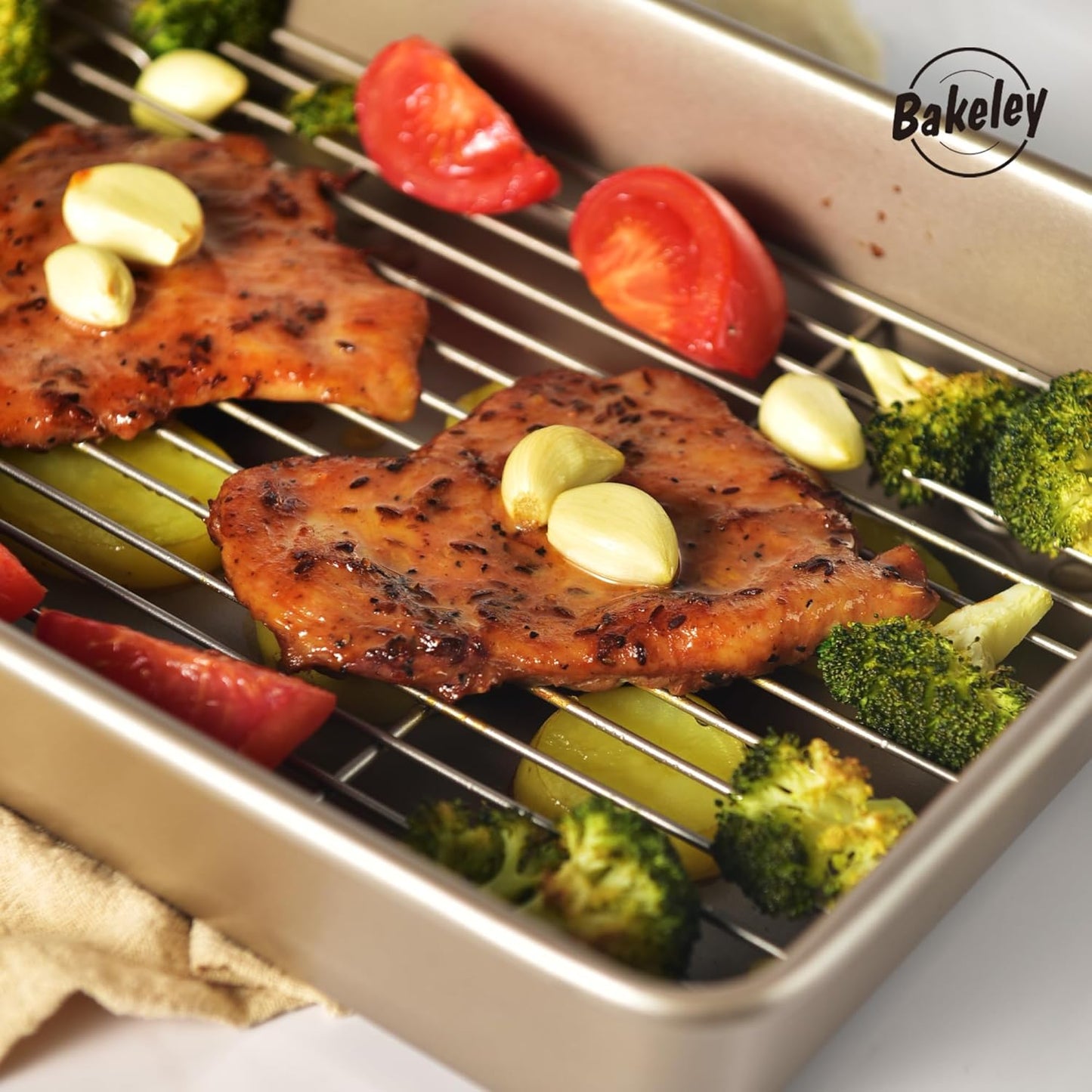 13-Inch Nonstick Roasting Baking Pan with Wire Rack(1Pan & 1Rack), Non-Stick Rectangular Deep Dish Oven-BBQ Bakeware for Oven Baking 13.78" x 9.84" x 2.36" (Champagne Gold)