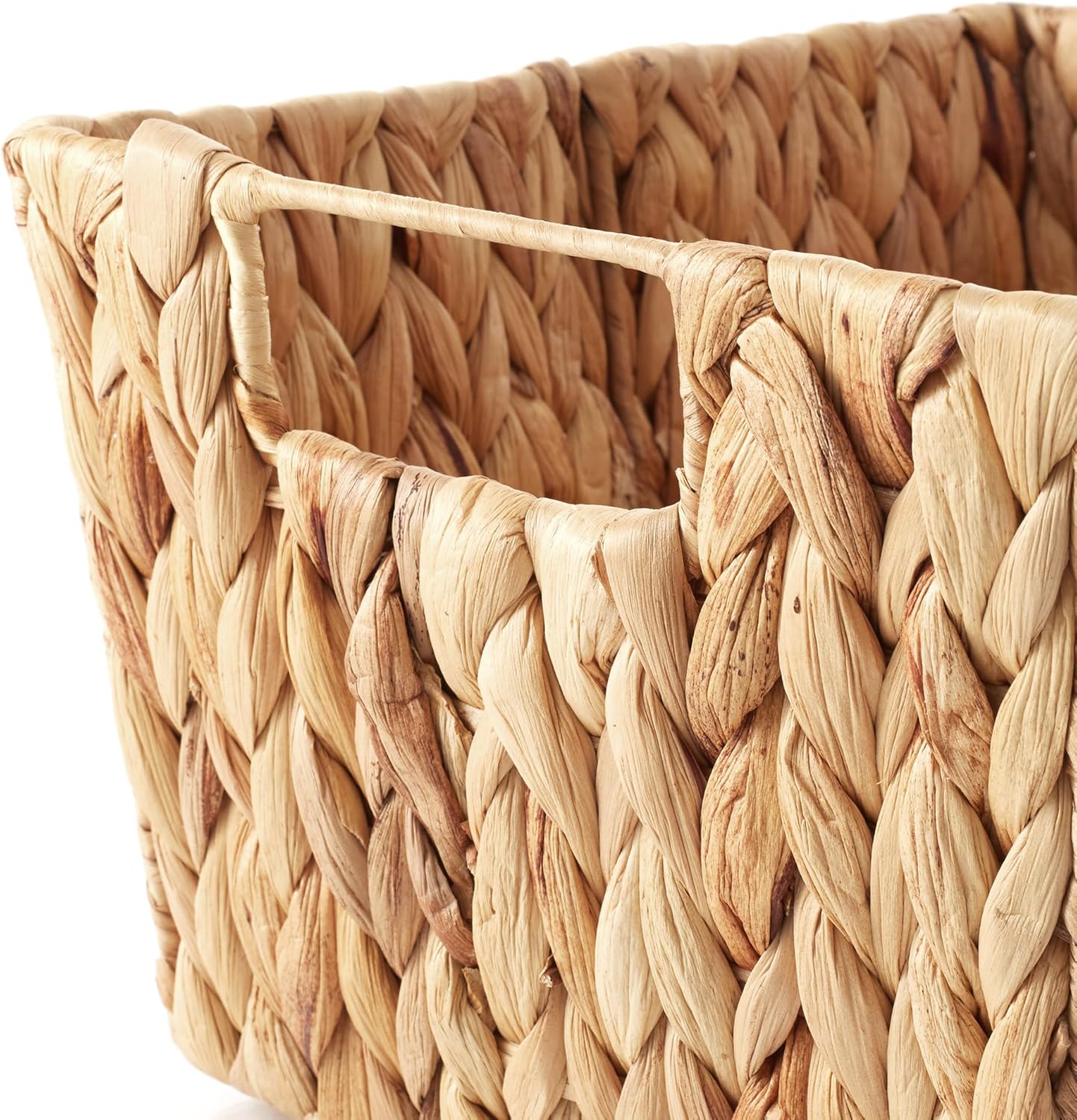 Casafield Set of 4 Water Hyacinth Storage Baskets with Handles - Natural, Woven Rectangular Storage Bins for Shelves, Blankets, Laundry Organization