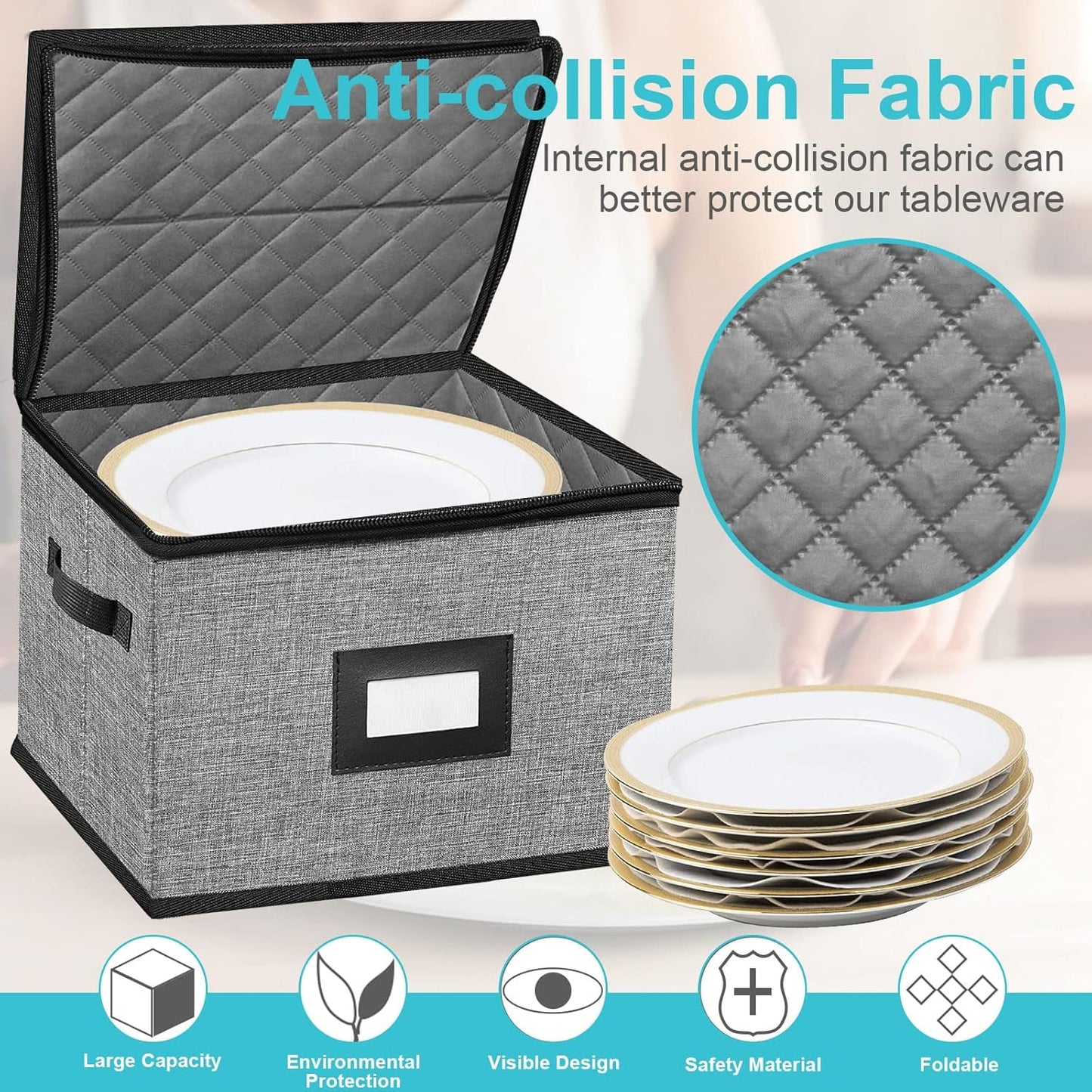 China Storage Containers-4PACK Quilted Dish Storage Containers with Lid Hard Shell for Moving Transport, Dinnerware,Stackable Plate Storage,24 Felt Plate Dividers Included,12 * 12 * 8in