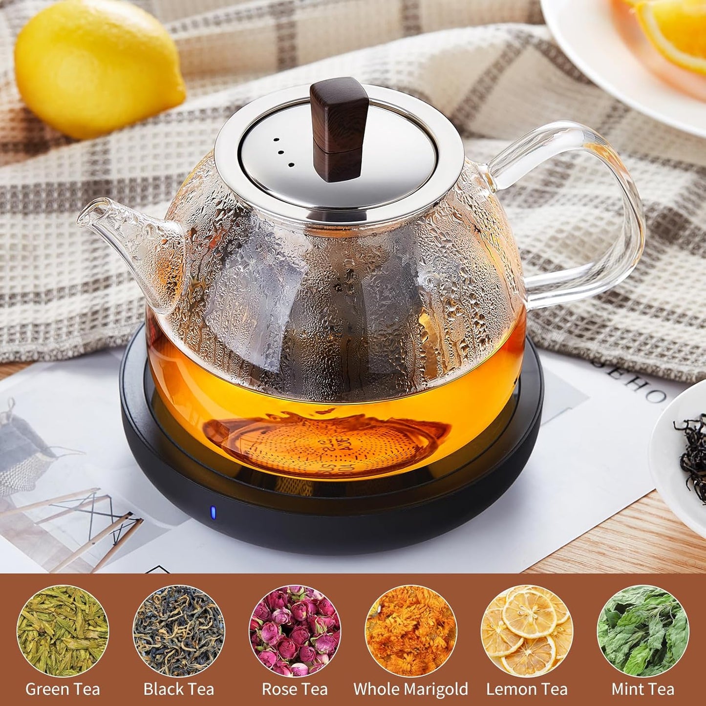 34OZ/1000ml Glass Teapot with Stainless Steel Infuser, Drip-Free Spout, and Wooden Knob Lid – Stovetop Safe Borosilicate Tea Kettle for Loose Leaf and Herbal Tea Brewing