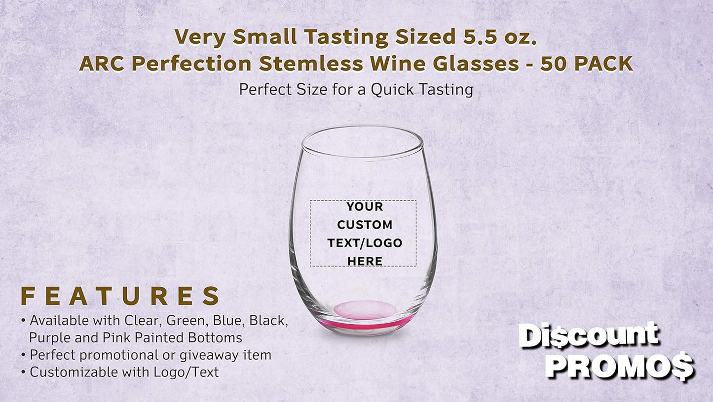 Custom Stemless Wine Glasses by ARC 5.5 oz. Set of 50, Personalized Bulk Pack - Perfect for Hotel, Bar, Restaurant or Lounge - Pink