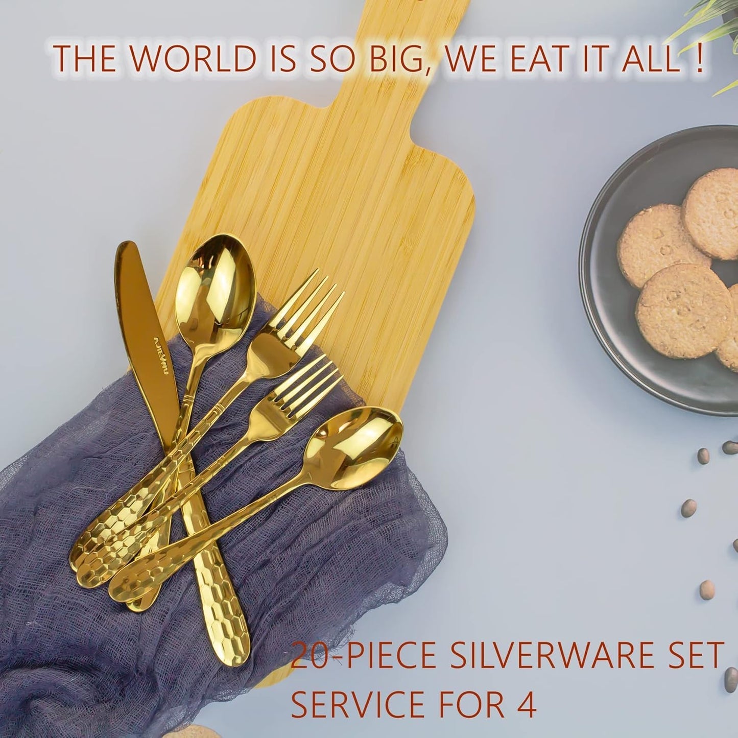 20 Piece Silverware Set for 4, Hammered Silverware Set 18/10 Stainless Steel Tableware Cutlery Flatware Spoons and Forks Set for Home Kitchen Restaurant, Unique Utensils Set Dishwasher Safe (Gold)