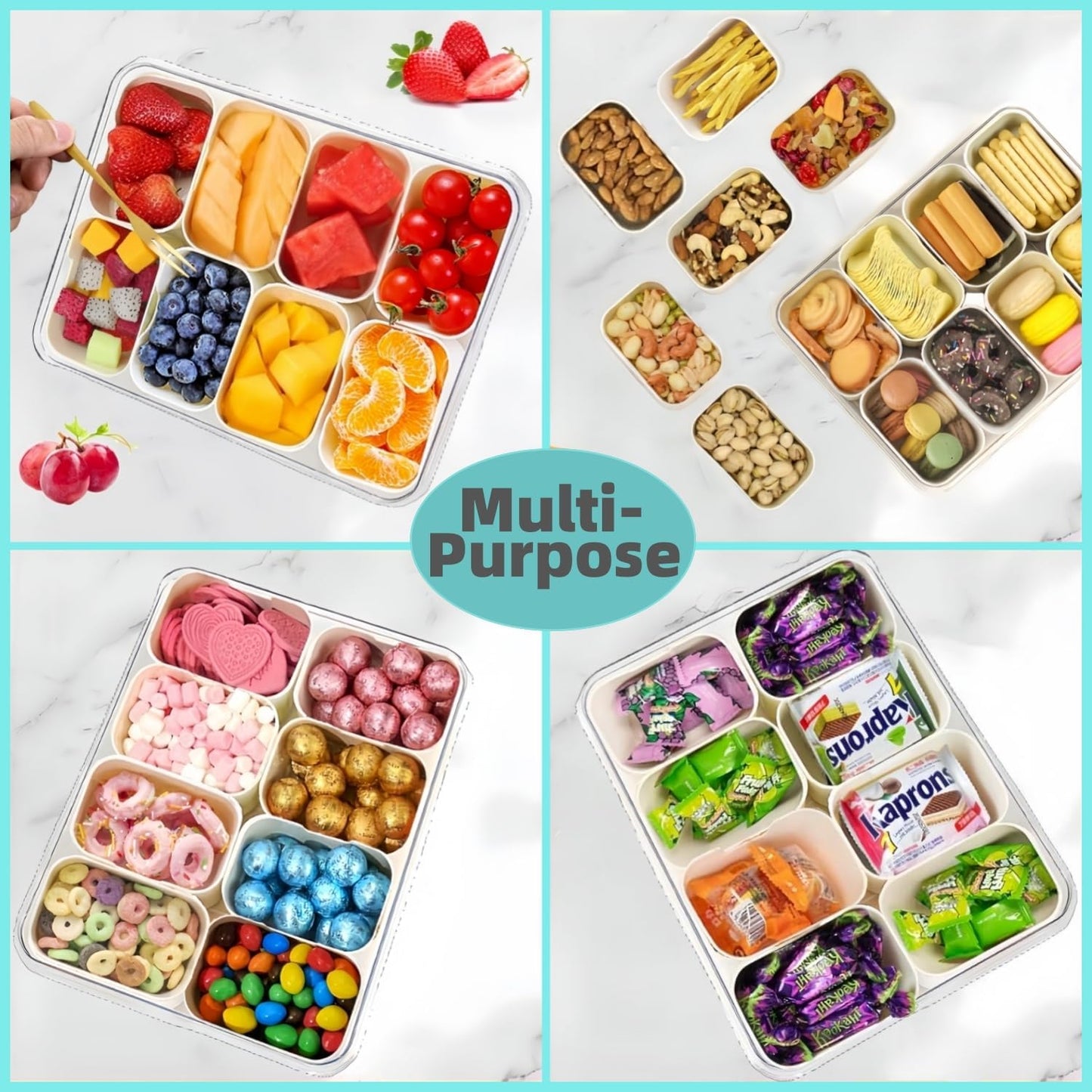 2 Pack Snackle Box Container, Divided Serving Tray with Lid & Handle, Portable Snack Box Food Organizer for Nuts,Candy,Fruits, Snack Platter with 8 Compartments&6 forks for Party, Picnic, Travel