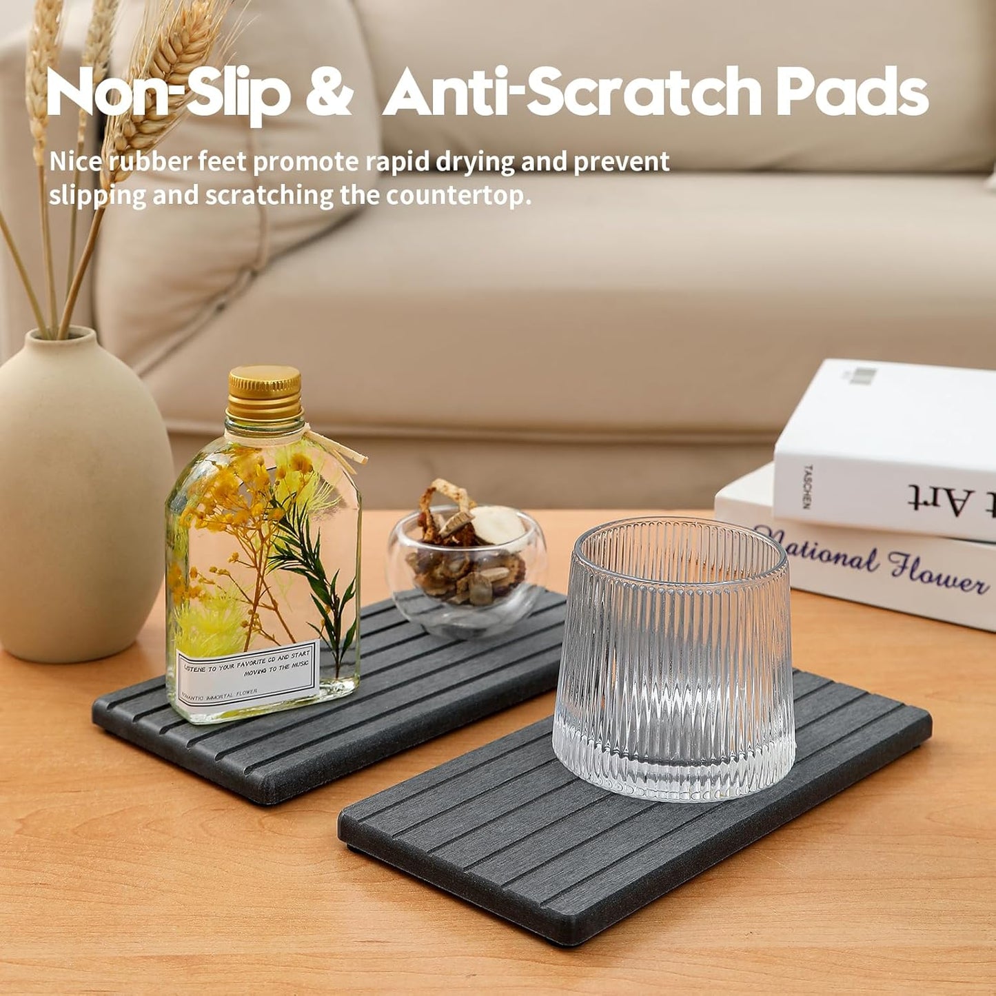 2PCS Diatomite Quick Stone Drying Tray Mat For Bathroom & Kitchen Counter, Instant Dry Water Absorbent Drink Bar Coaster,Vanity Sink Caddy Organizer,Dish Soap Sponge Holder, Dark Gray,8"x3.8"
