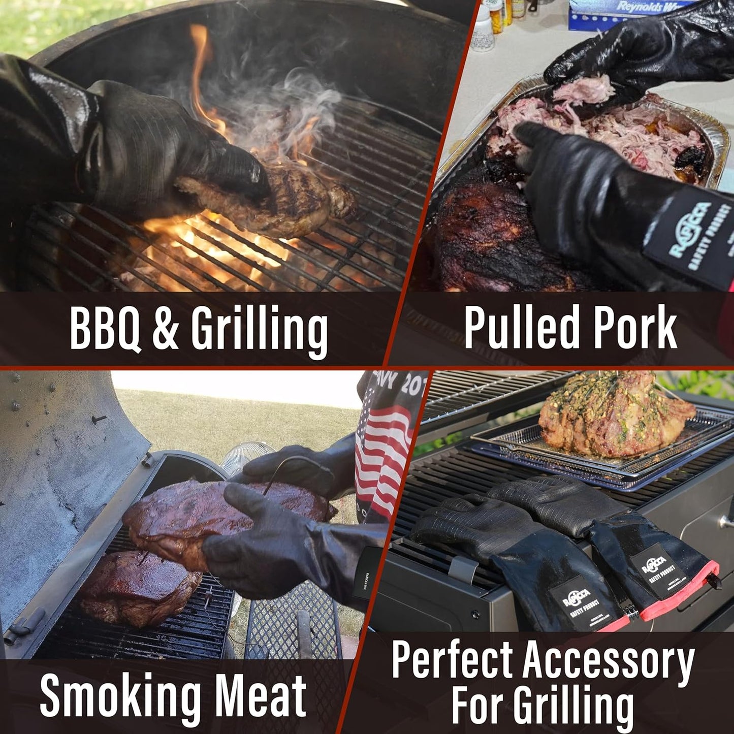 RAPICCA 932°F Heat Resistant BBQ Grill Gloves: Oil Resistant Waterproof for Smoking Grilling Cooking Barbecue Deep Frying Turkey Rotisserie Handling Hot Greasy Meat Stocking Stuffers - 17 in Size XL