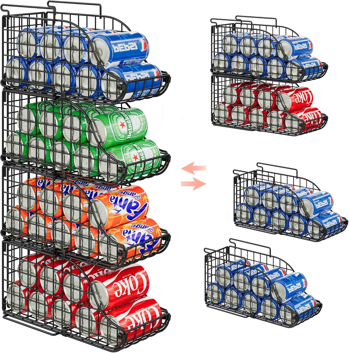 4-Pack Stackable Canned Food Organizer with Handles for Kitchen, Soda Can Organizer for Pantry Shelves, Wire Cabinet Shelf for Can Storage, Foldable Soda Dispenser, Patent Pending, Black