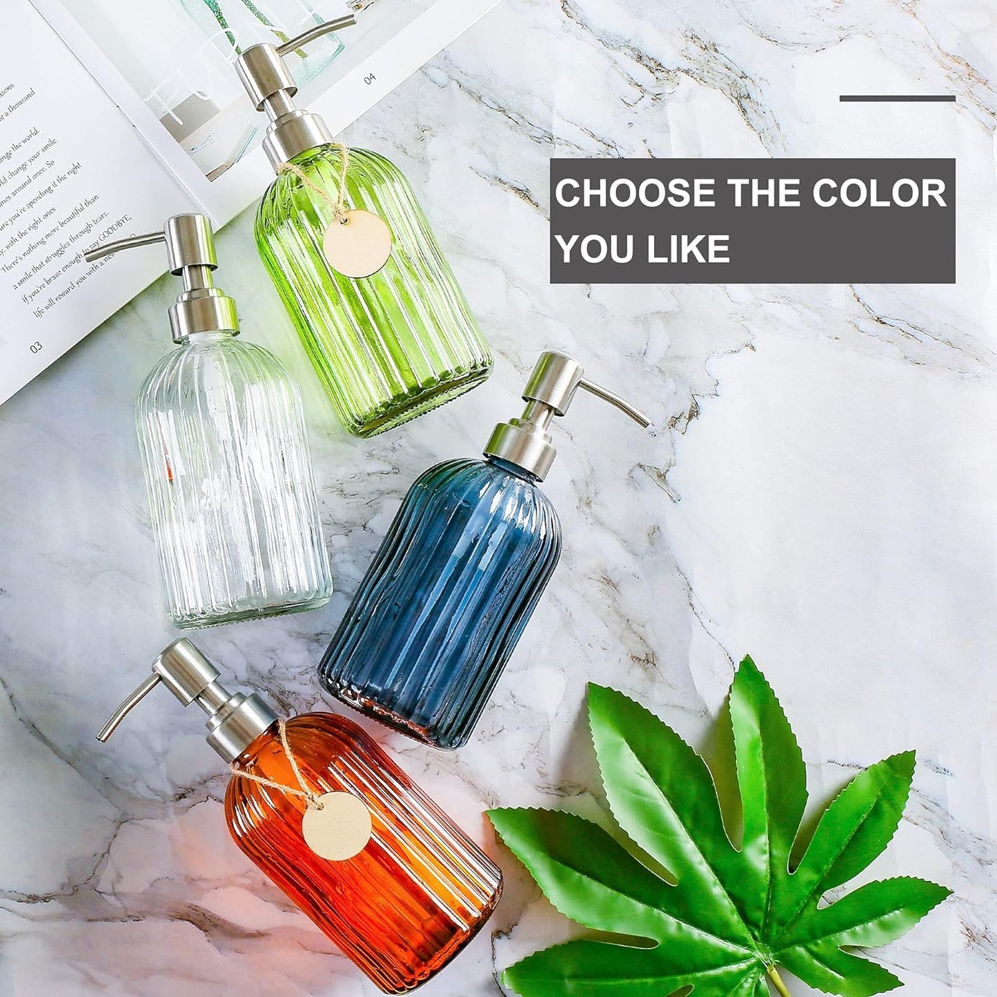 16 OZ Soap Dispenser，Tempered Glass Clear Vertical Stripe with 304 Rust Proof Stainless Steel Pump Refillable Liquid Hand Soap Dispenser，for Bathroom, Kitchen, Dish Soap，Lotion (Orange)