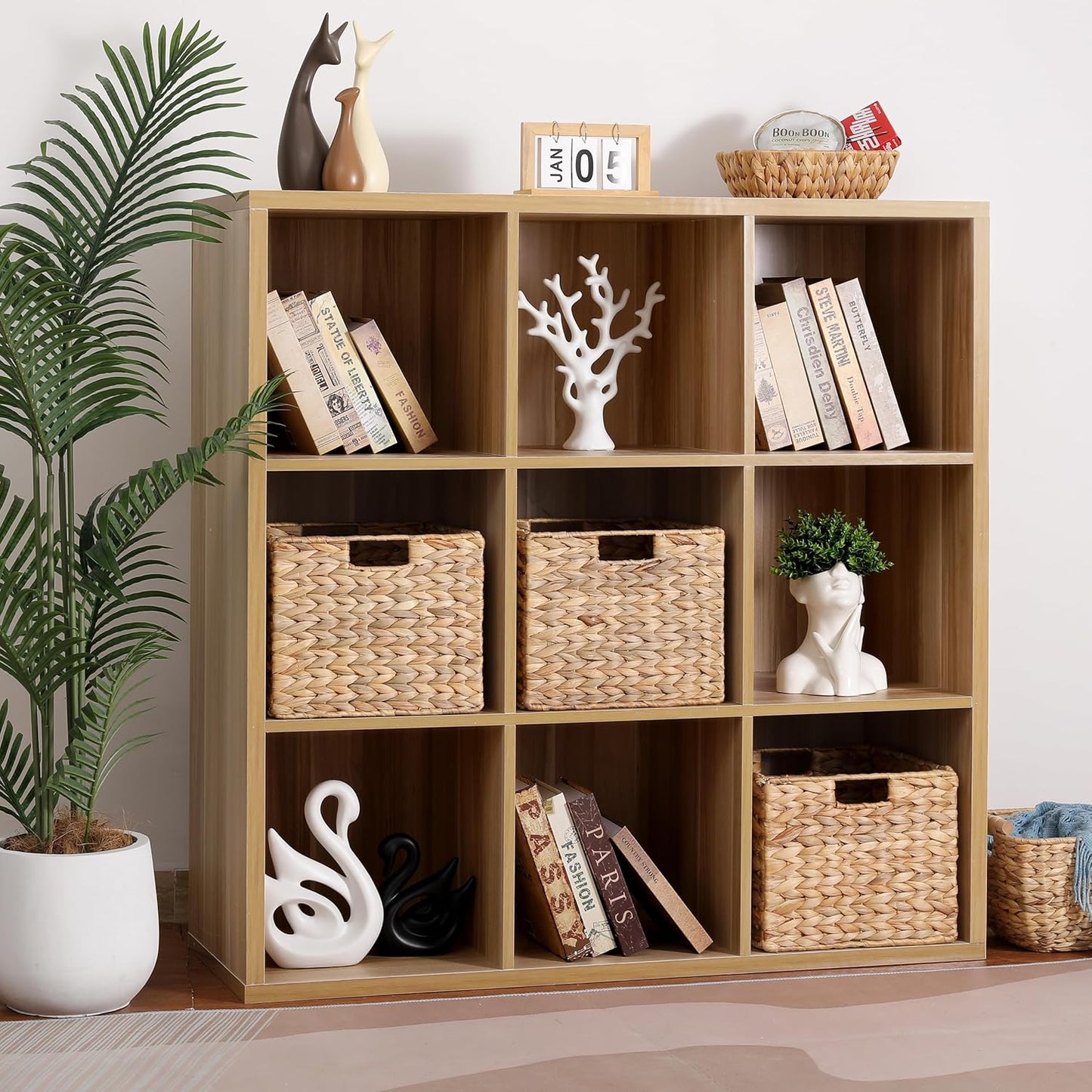 12x12x10 Water Hyacinth Folding Cube Wicker Storage Basket for Shelves, Pantry, Kitchen Organization and Storage