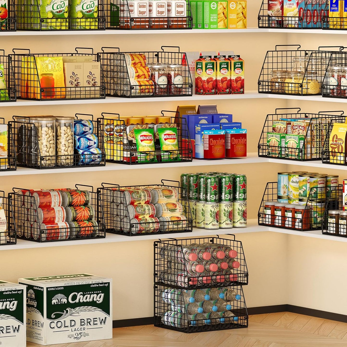 3 Pack XXL Stackable Wire Baskets, Large Storage Bins for Onion, Potato, Vegetable, Fruit, Snack, Pantry Baskets for Kitchen Cabinet Countertop, Pantry Organizers and Storage Solutions