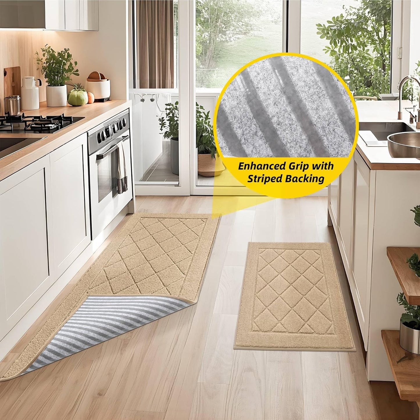 JSEI Non-Slip Kitchen Rugs, Self Adhesive No Sliding Kitchen Mats Set of 2, Soft Washable Absorbent Floor Mat for Kitchen, Bathroom, Laundry Room, Bedroom, 20”x32”+20”x48”, Beige, Diamond Pattern