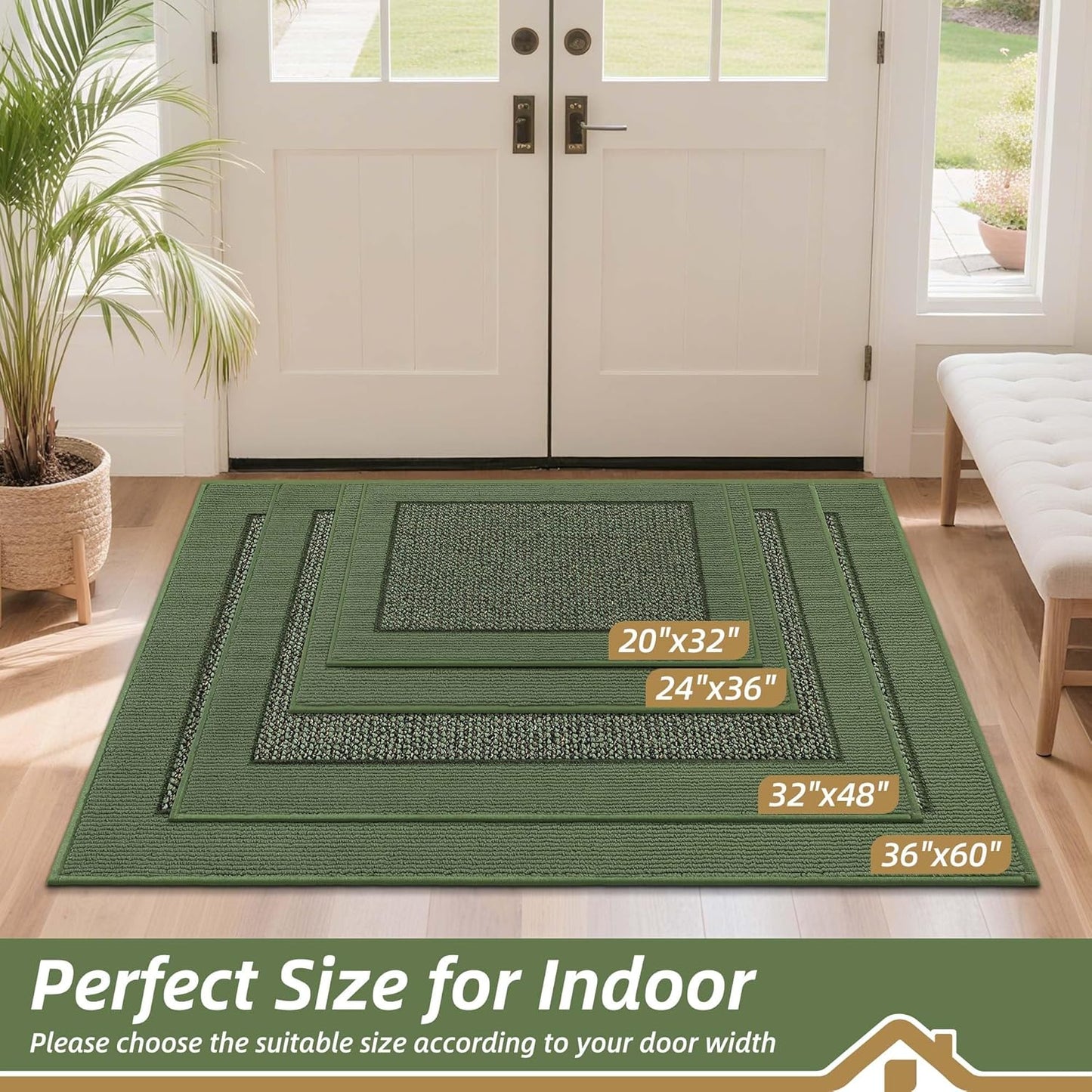 BEQHAUSE Indoor Door Mat 36" x 60", Dirt Trapper Door Mats Non-Slip Entryway Rugs Washable, Resist Dirt Absorbent Welcome Mat, Low Profile Floor Mats for Front Back Door and Entryway, Green