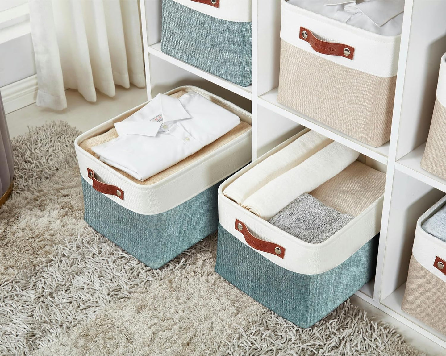 DECOMOMO Storage Baskets for Shelves - Fabric Storage Bins, Linen Closet Organizers and Storage (Green & White, Large - 4 Pack)