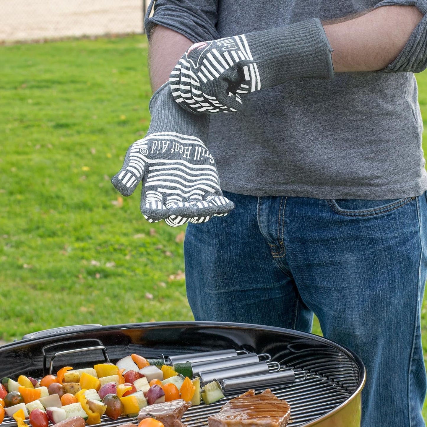 GRILL HEAT AID BBQ Grill Gloves Heat Proof for Grilling – Fireproof 1472°F Heat-Resistant Grill Mitts for Outdoor Barbecue and Smoker, Campfire, Fire Pit, Oven Glove with Fingers for Baking Pizza