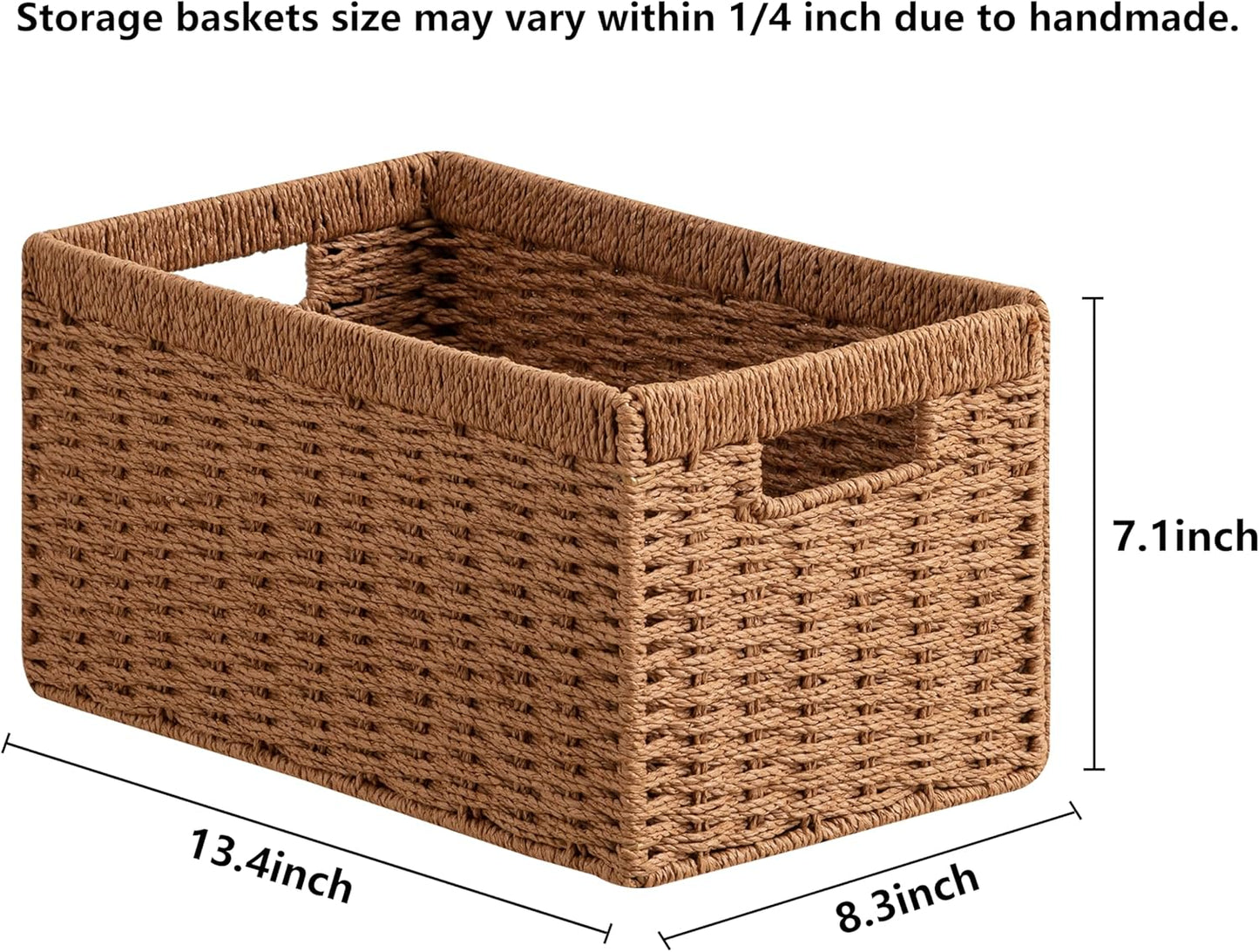UBBCARE 2 Pack Wicker Basket, 13.4L×8.3H×7.1W inch Woven Paper Rope Storage Baskets for shelves, Foldable Rectangular Storage Baskets with Handle, Storage Basket for Organizing, Caramel