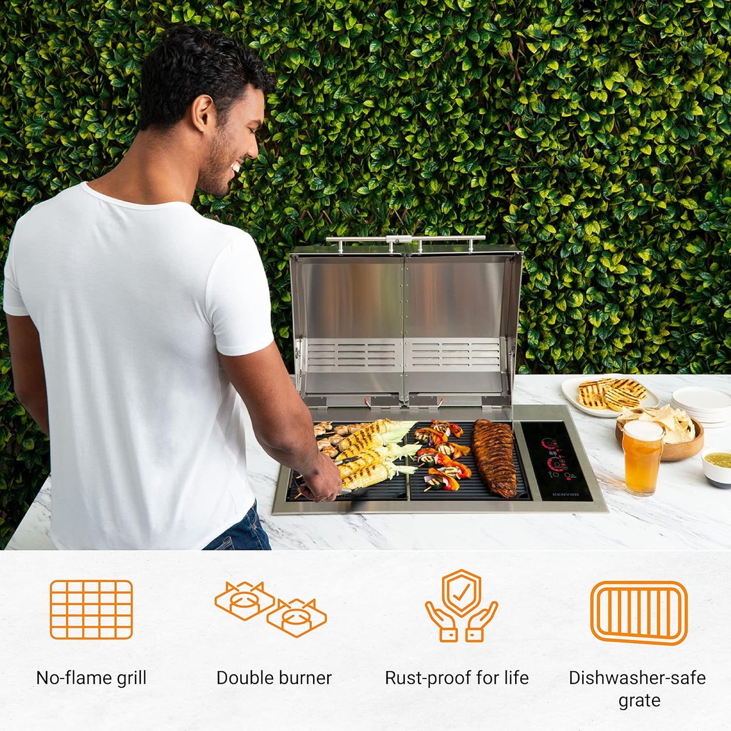 Kenyon Texan Built-In Electric Grill for Stone Counter, Standard Lite-Touch, Stainless Steel Grill with Split Lid for Indoor and Outdoor Use, 2 Burners, Quick Heat Up, Dishwasher Safe Grate, 240V