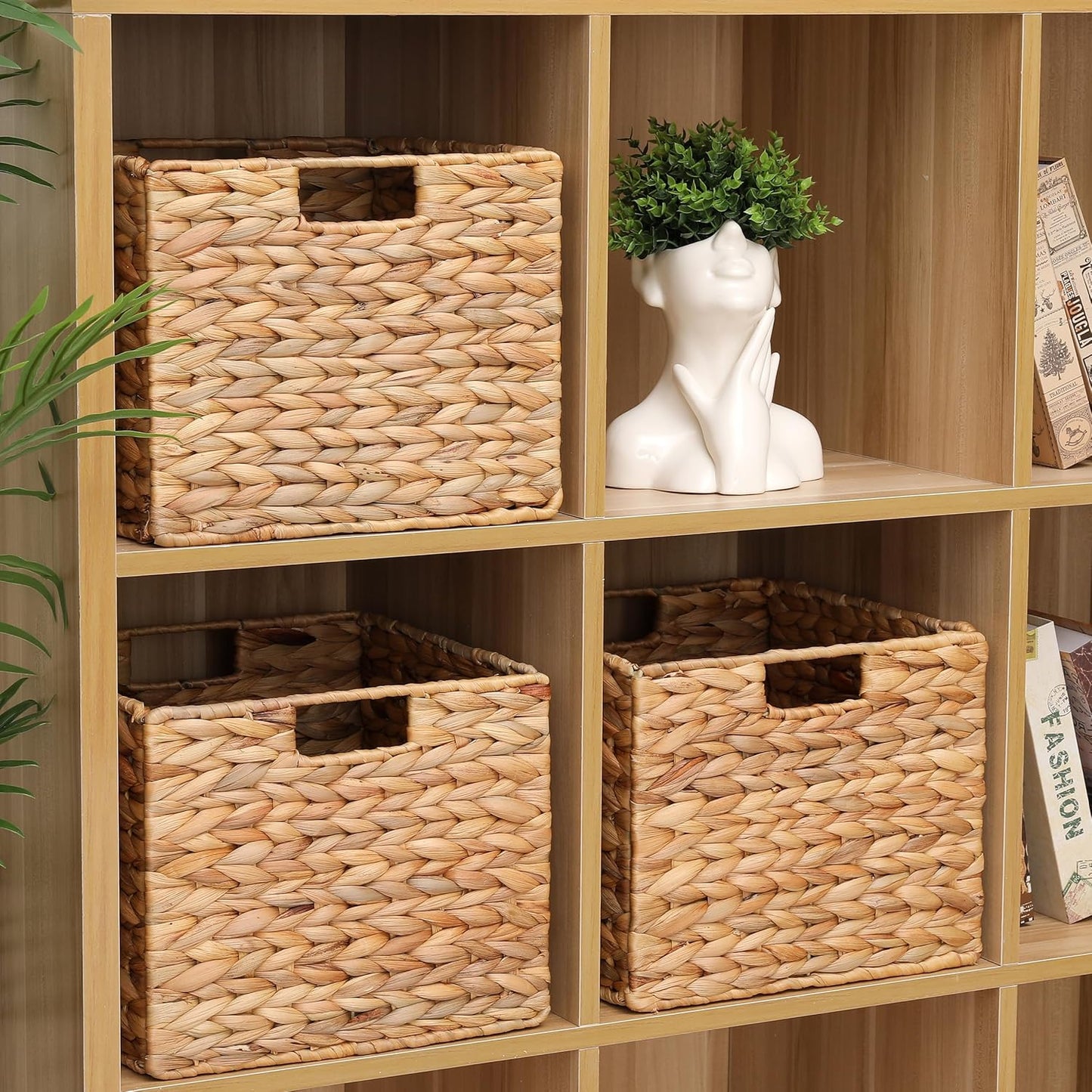 12x12x10 Water Hyacinth Folding Cube Wicker Storage Basket for Shelves, Pantry, Kitchen Organization and Storage