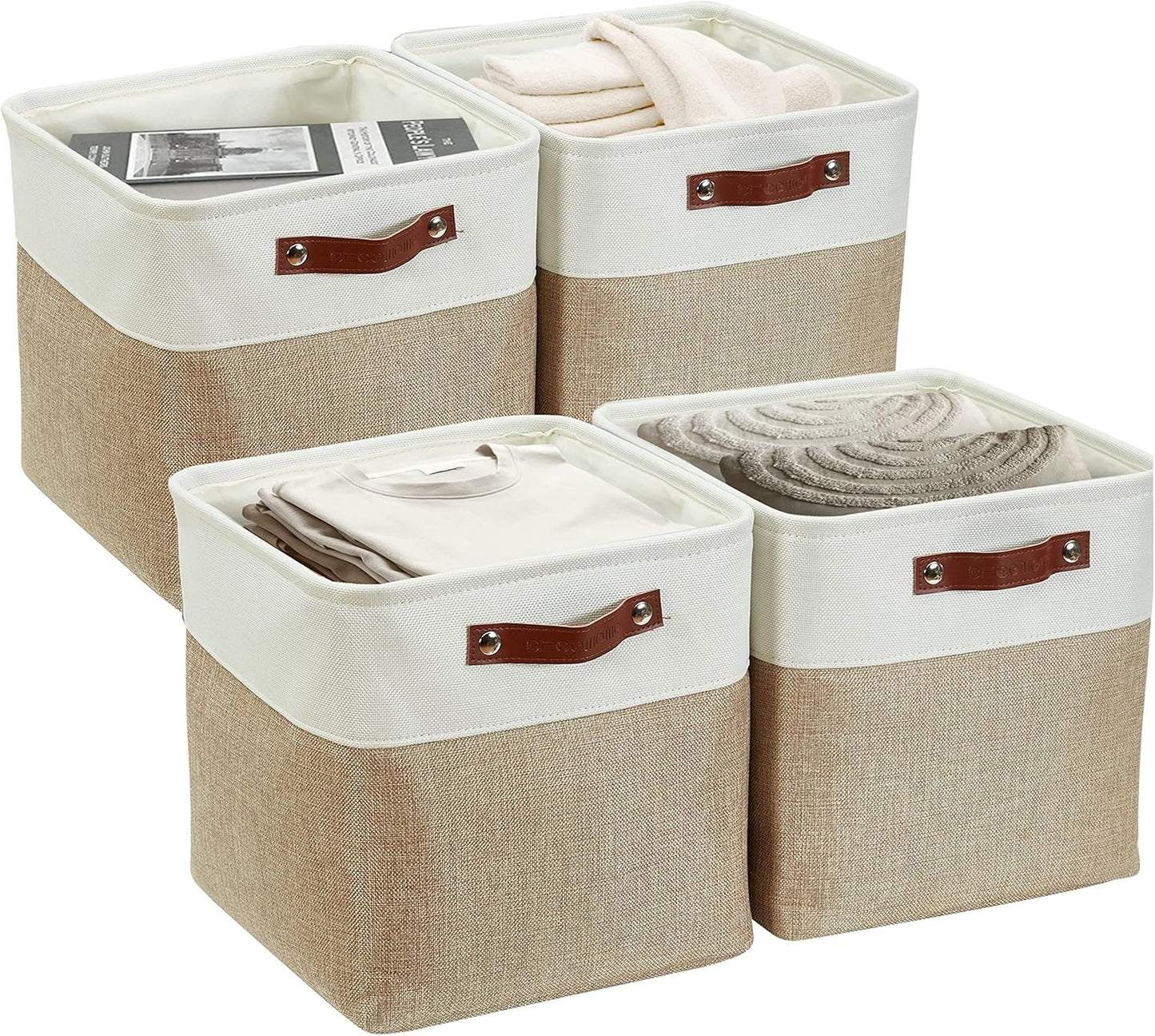 DECOMOMO Storage Cubes, 11x11 Cube Storage Bins, Baskets for Shelves (Beige & White, Cube 11" - 4 Pack)
