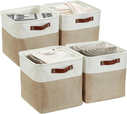 DECOMOMO Storage Cubes, 11x11 Cube Storage Bins, Baskets for Shelves (Beige & White, Cube 11" - 4 Pack)