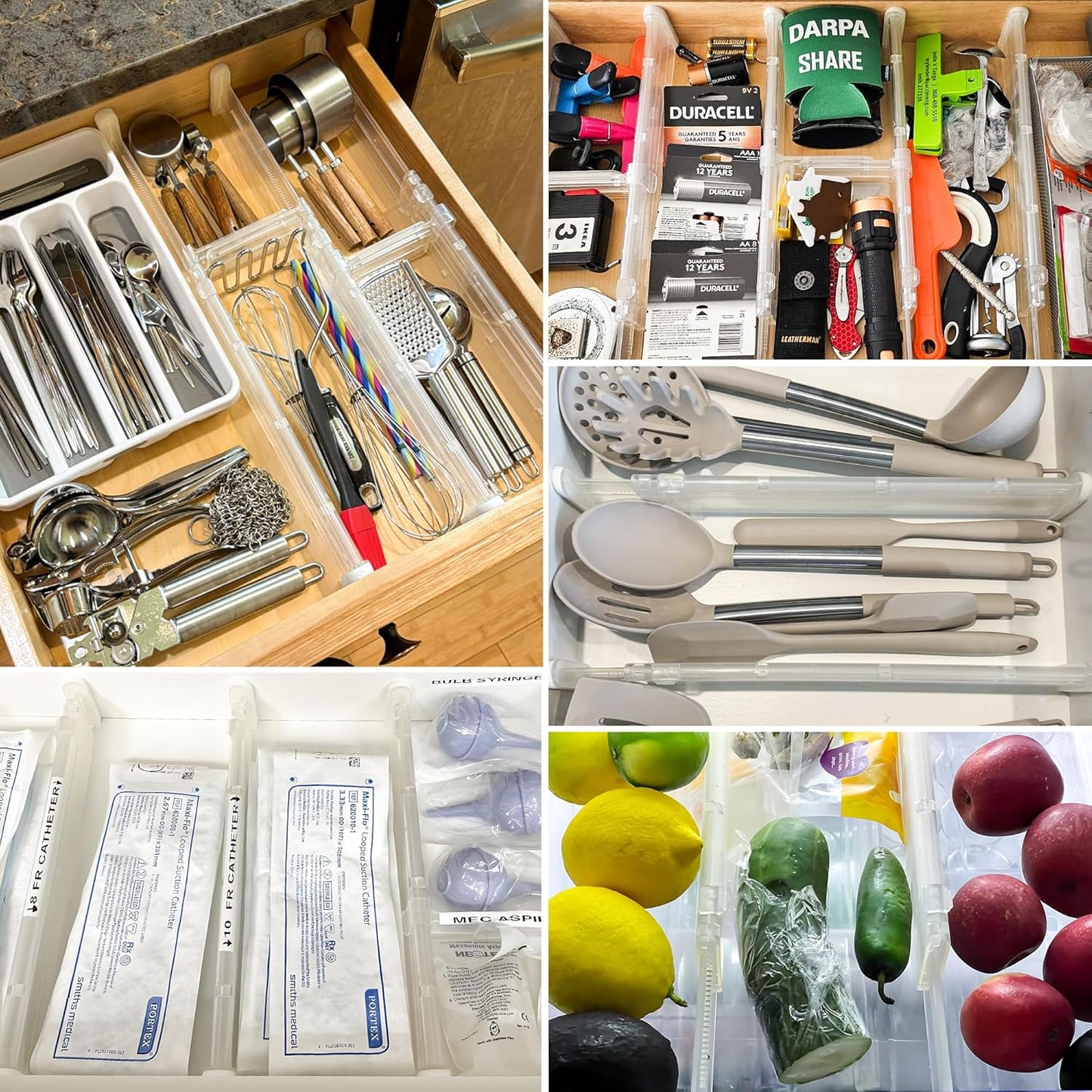 HiYZ Expandable Drawer Dividers with Inserts - Adjustable Drawer Organizers Separators for Kitchen, Bedroom, Dresser, Office, 8 Long Dividers(12.6-22.8 IN) with 10 Inserts(3.9-7.1 IN) - Clear