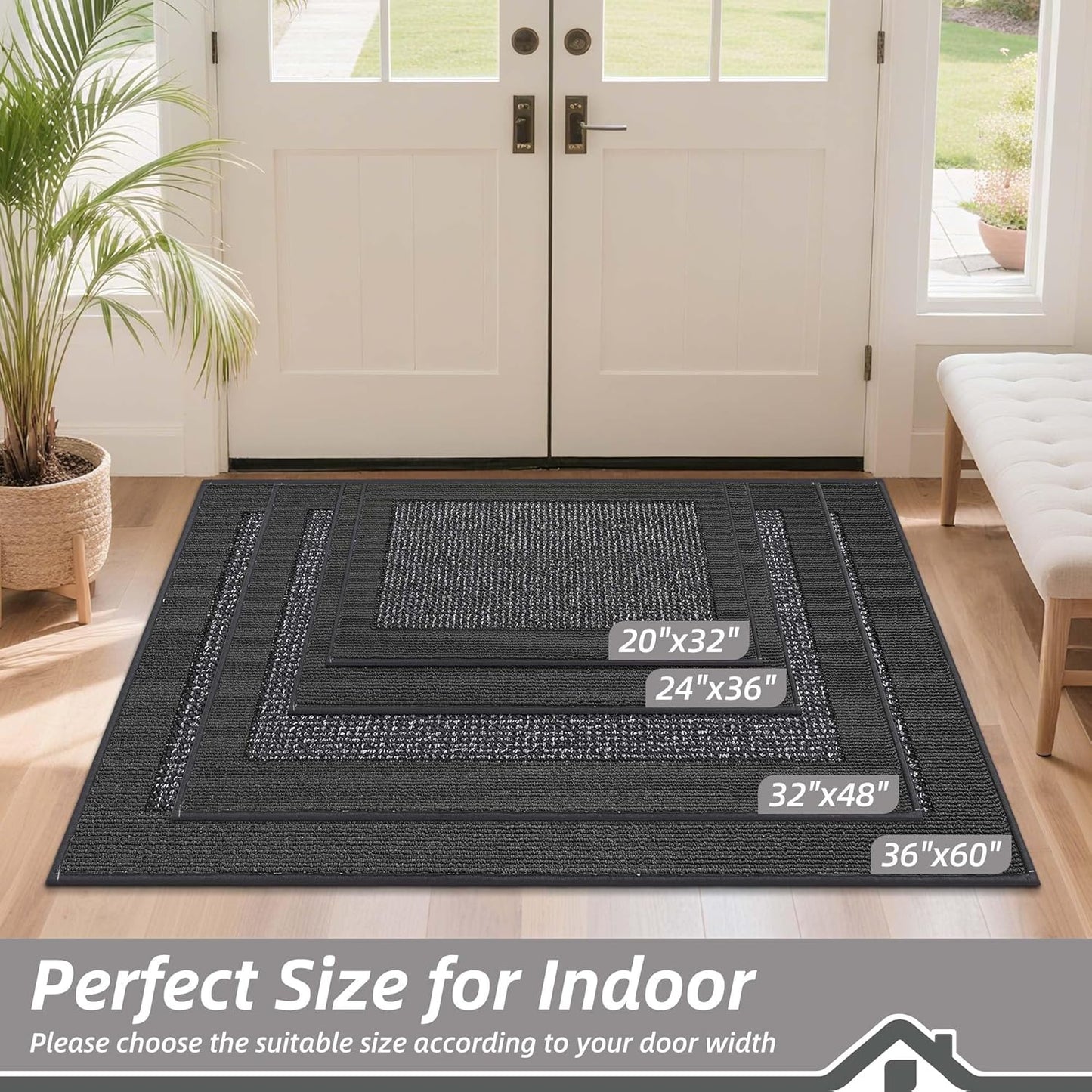 BEQHAUSE Indoor Door Mat 20" x 32", Dirt Trapper Door Mats Non-Slip Entryway Rugs Washable, Resist Dirt Absorbent Welcome Mat, Low Profile Floor Mats for Front Back Door and Entryway, Charcoal