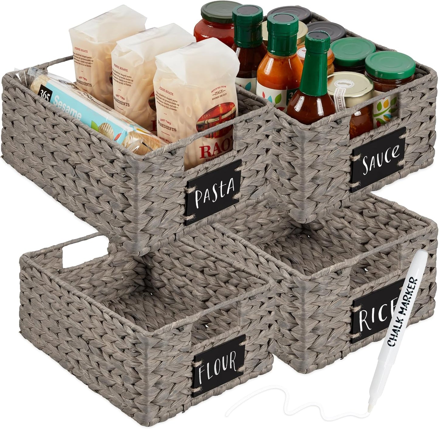 Best Choice Products Set of 4 9x12in Water Hyacinth Pantry Baskets, Woven Organizers w/Chalkboard Label, Chalk Marker - Gray