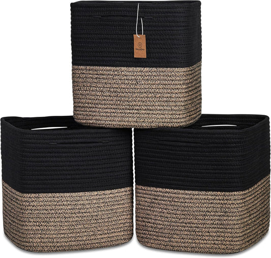 NaturalCozy 13 Inch Cube Storage Bins Cotton Rope Woven Baskets for Organizing 3-Pack | 13 x 13 Storage Cubes | Fabric Square Storage Baskets for Shelves Organizer, Kids Toy Bins, Closet Baby Nursery