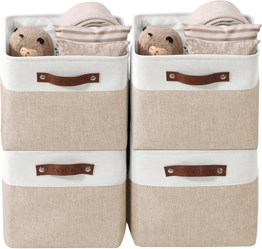 DECOMOMO Storage Baskets for Shelves - Fabric Storage Bins, Linen Closet Organizers and Storage (Beige & White, Large - 4 Pack)