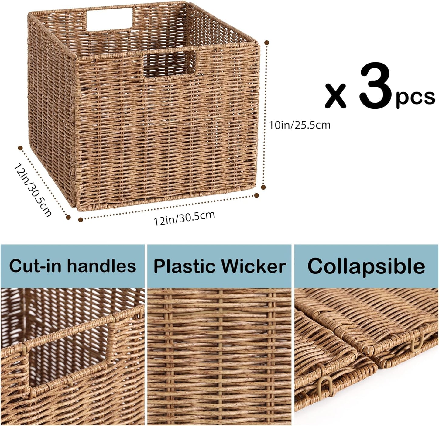 12X12X10in Plastic Wicker Storage Basket, Collapsible Wicker Cube Storage for Shelves, Woven Plastic Storage Basket for Pantry, Bedroom, Living Room, Bathroom, Shelves(Natural)