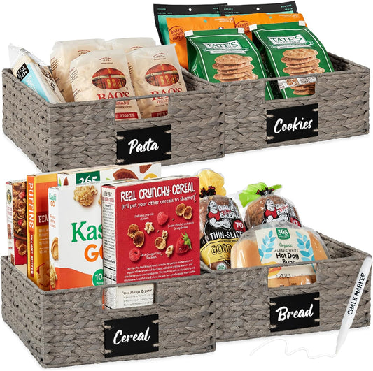 Best Choice Products Set of 4 13x12in Water Hyacinth Pantry Baskets, Woven Organizers w/Chalkboard Label, Chalk Marker - Gray