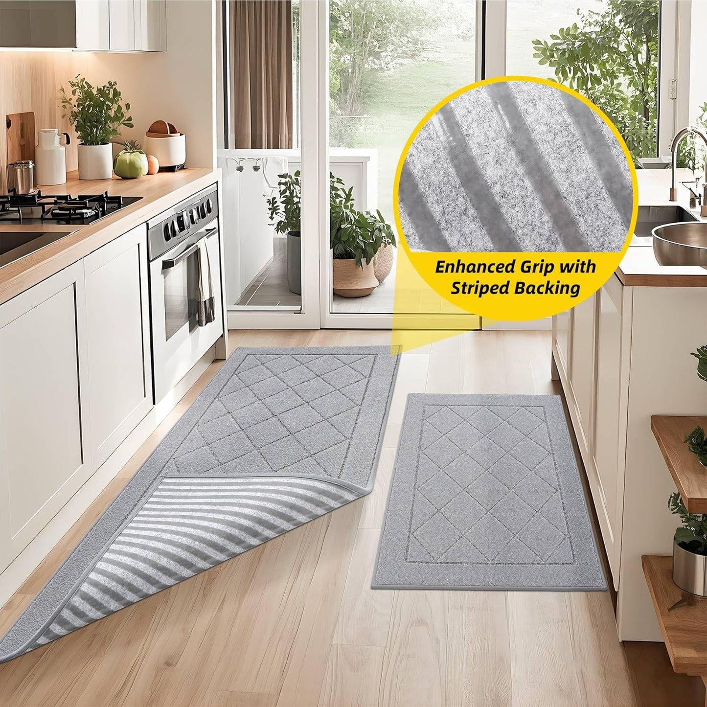 JSEI Non-Slip Kitchen Rugs, Self Adhesive No Sliding Kitchen Mats Set of 2, Soft Washable Absorbent Floor Mat for Kitchen, Bathroom, Laundry Room, Bedroom, 24”x36”+24”x60”, Light Grey, Diamond Pattern