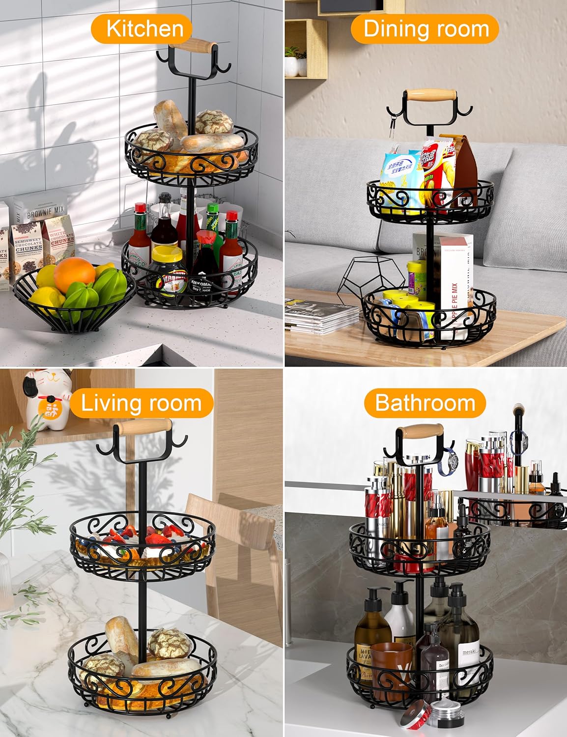 2-Tier 𝐅𝐫𝐮𝐢𝐭 𝐁𝐚𝐬𝐤𝐞𝐭 and Fruit Bowl - Fruit and Vegetable Storage with Banana Tree Hanger and Wood Handle, Fruit Basket for Kitchen Counter, for Bread Onions Potatoes Veggies Produce