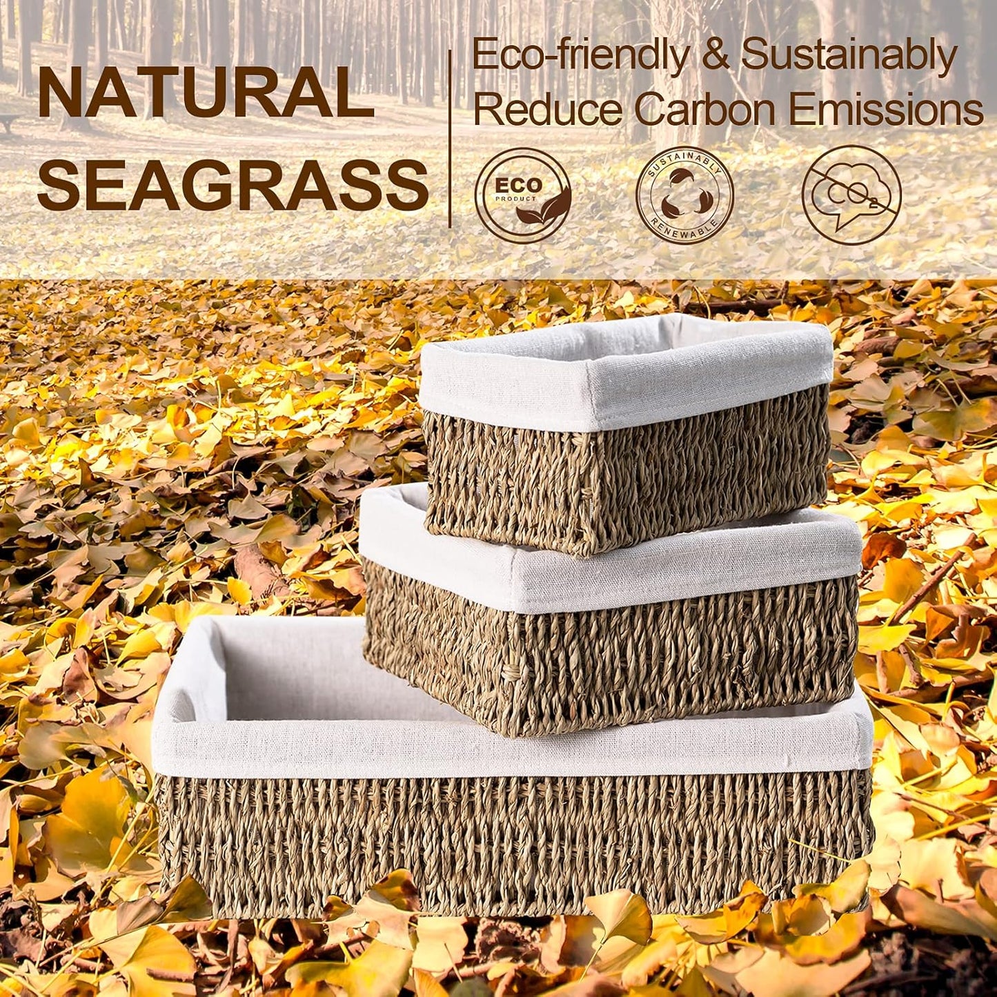 FairyHaus Seagrass Storage Baskets with Liner, Natural Small Seagrass Baskets, Hand-woven Nesting Wicker Baskets Set for Shelves Rectangle 3Pack (L+M+S)