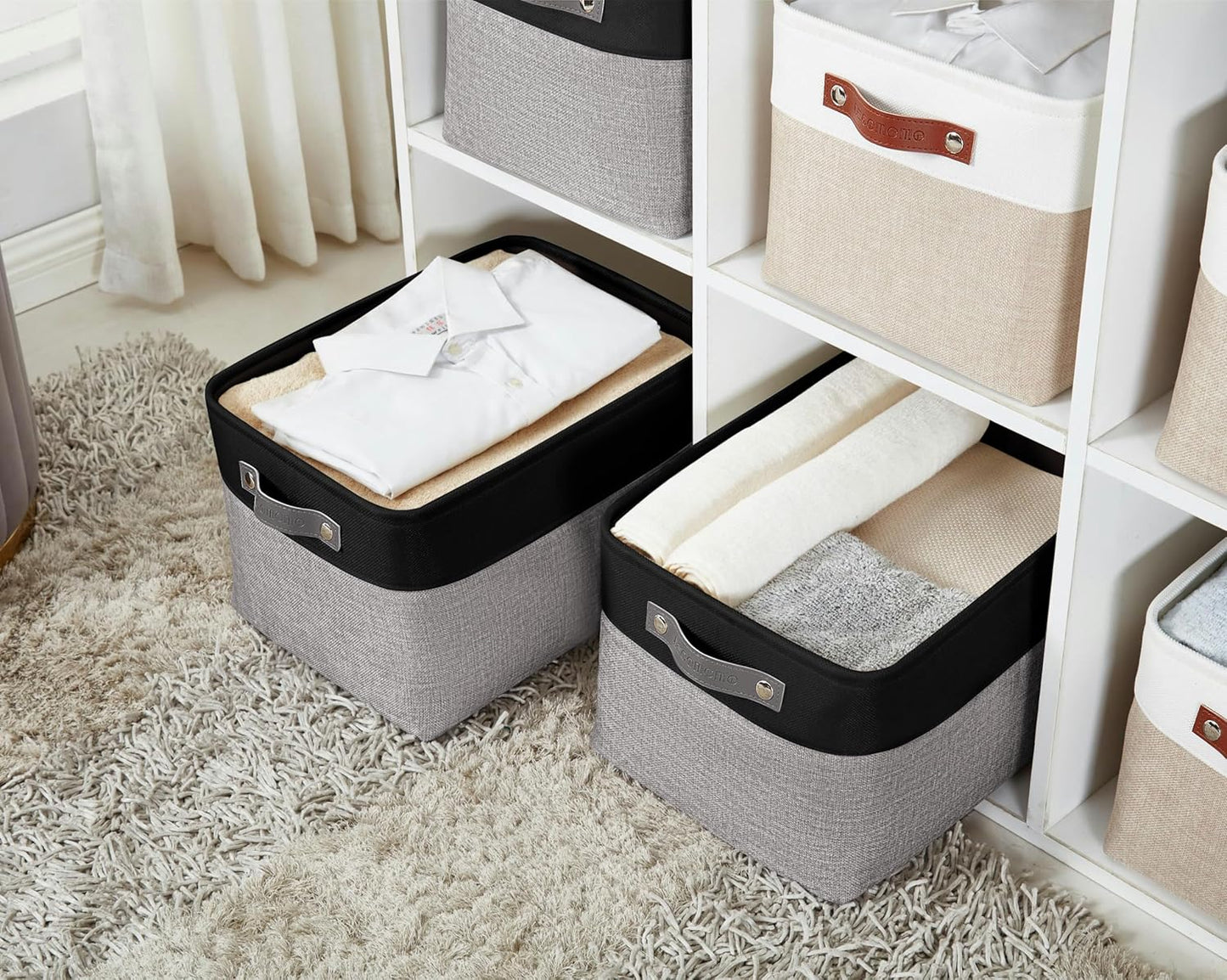 DECOMOMO Storage Baskets for Shelves - Fabric Storage Bins, Linen Closet Organizers and Storage (Grey & Black, XL - 3 Pack)