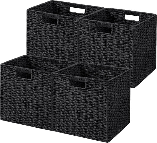 UBBCARE 4 Pack Wicker Basket, 11L×11H×10.5W inch Woven Paper Rope Storage Baskets for shelves, Foldable Cube Storage bin with Handle, Storage Basket for Organizing & Decor, Black