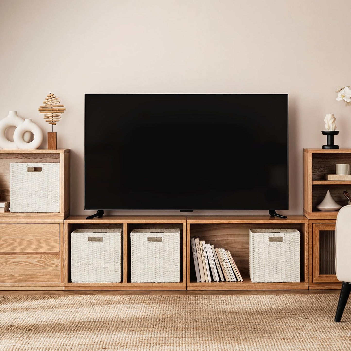 UBBCARE 3 Pack Wicker Basket, 11L×11H×10.5W inch Woven Paper Rope Storage Baskets for shelves, Foldable Cube Storage bin with Handle, Storage Basket for Organizing & Decor, White