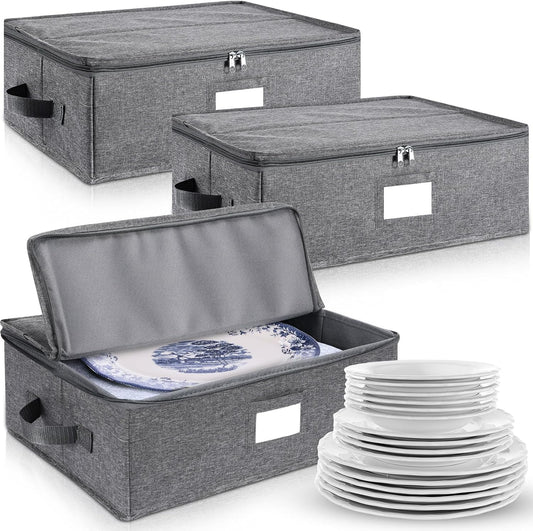Norme 3 Pcs Platter Storage Case China Storage Container Stackable China Boxes Hard Shell Case Moving Supplies, 17x13x 6 In, 15 Felt Dividers Included, Structured Top, Gray