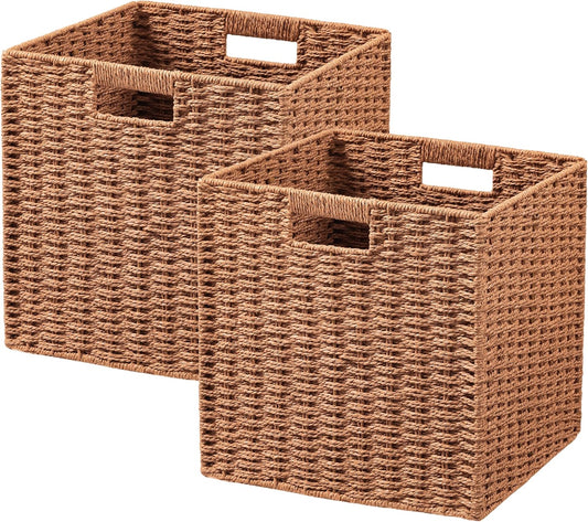 UBBCARE 2 Pack Wicker Basket, 11L×11H×10.5W inch Woven Paper Rope Storage Baskets for shelves, Foldable Cube Storage bin with Handle, Storage Basket for Organizing & Decor, Caramel