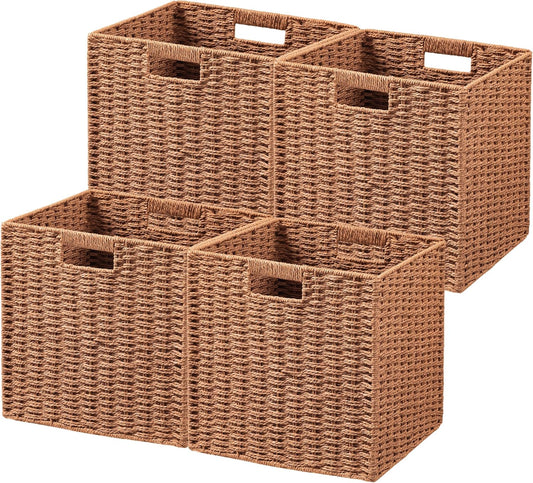 UBBCARE 4 Pack Wicker Basket, 11L×11H×10.5W inch Woven Paper Rope Storage Baskets for shelves, Foldable Cube Storage bin with Handle, Storage Basket for Organizing & Decor, Caramel